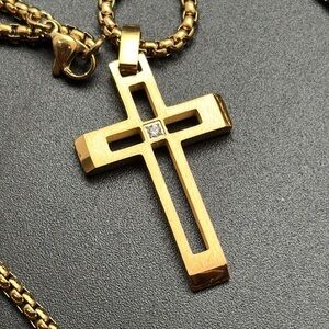 New Stainless Steel Gold Cross Pendant Necklace with cz Diamond Accent